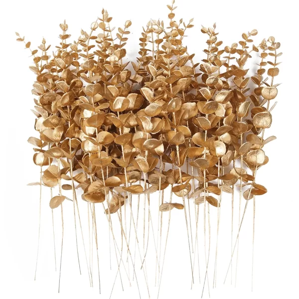 20PCS Artificial Eucalyptus Stems Gold Leaves