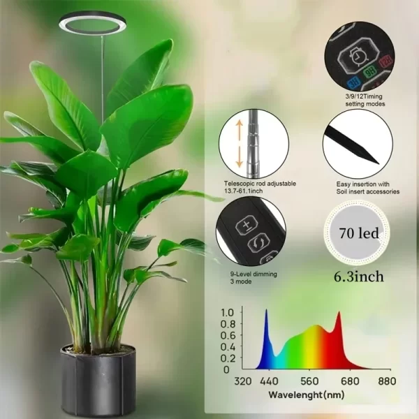 165cm Height Adjustable LED Ring Grow Light with USB