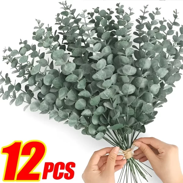 12/10pcs Artificial Eucalyptus Leaves with Green Stems